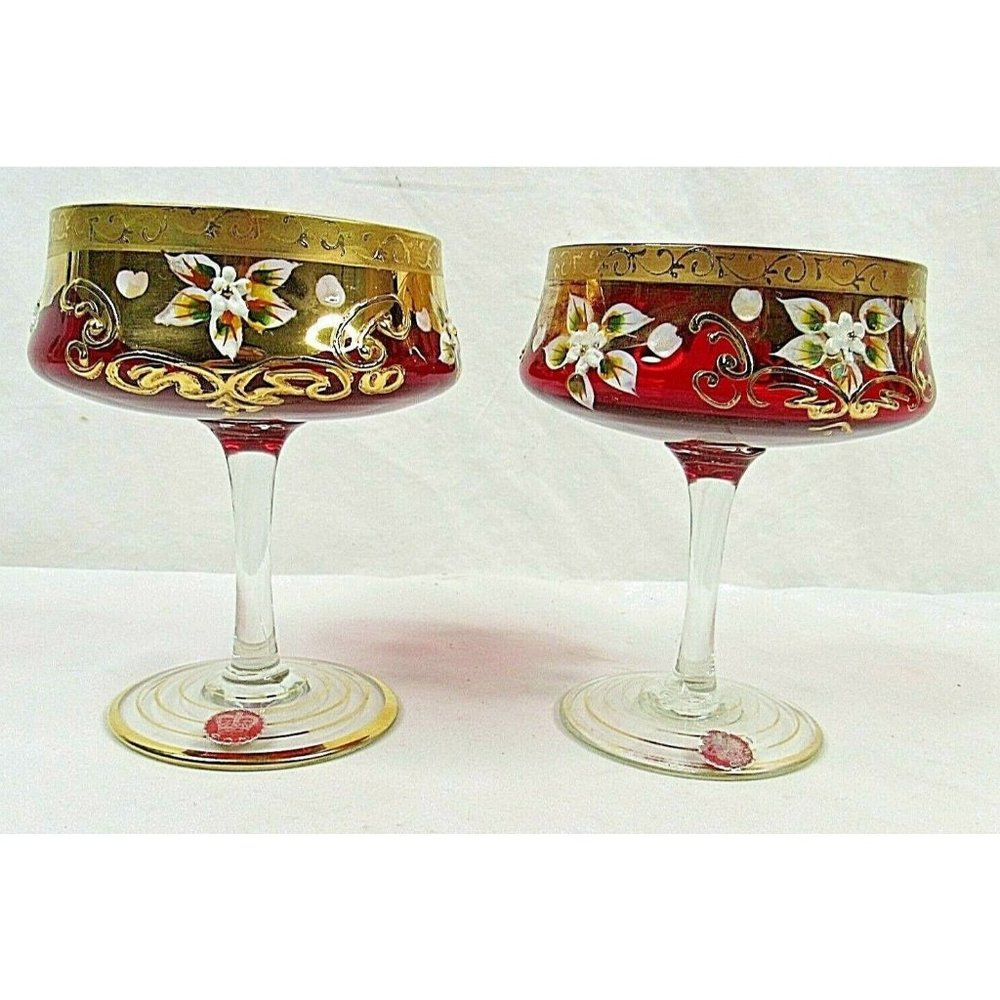 Vintage Bohemian Crystal Ruby Red Wine Glass Floral CAM Stem Set of 2